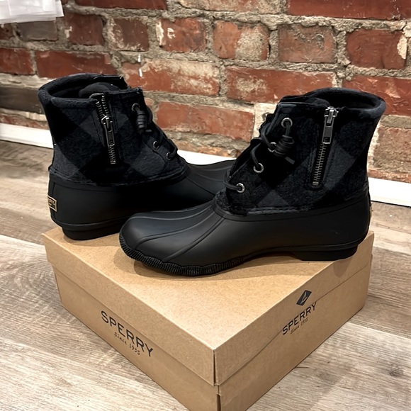 Sperry women’s saltwater Buffalo check duck boot Buffalo plaid wool shaft black - Picture 11 of 13